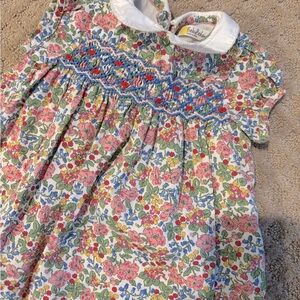 Baby Boden Pink and Blue Casual Dress with Flutter Sleeves and Peter Pan Collar